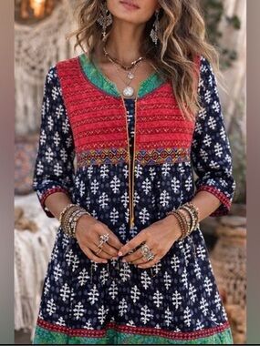 Vintage Handmade Boho Red,Navy Blue, Multi Colored Midi Dress with 3/4 Sleeves